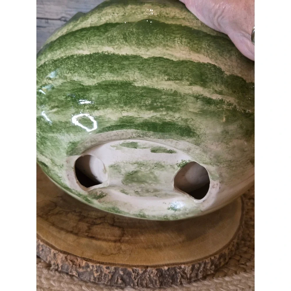 Vtg Watermelon Ceramic Basket Hand Painted Fruit Bowl Sawtooth Rim Summer Decor